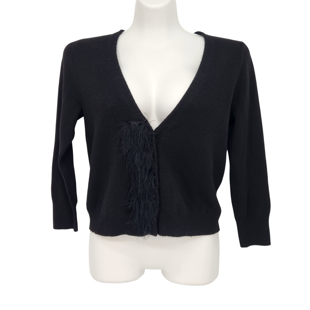 J.Crew Cashmere Marabou Feather Cardigan Vintage 2010 Italian Yarn Black S 29007